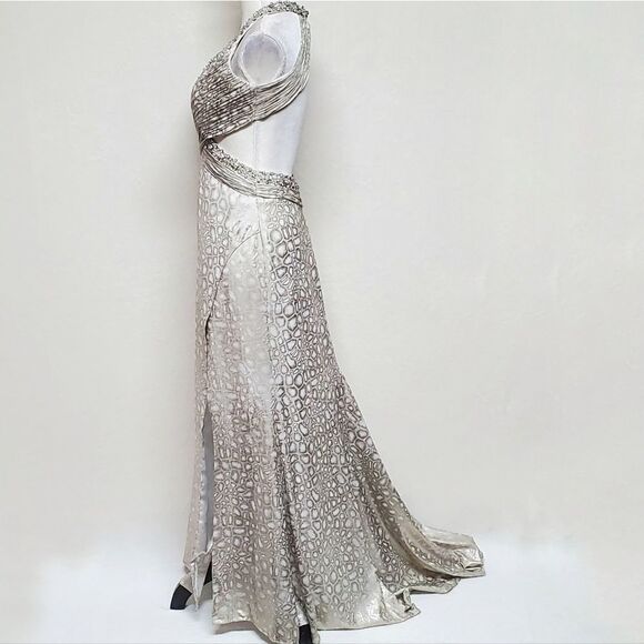 SATIN Snakeskin Silver Sequin Beaded Backless Side Slit Racerback Maxi Dress XS - Picture 9 of 16